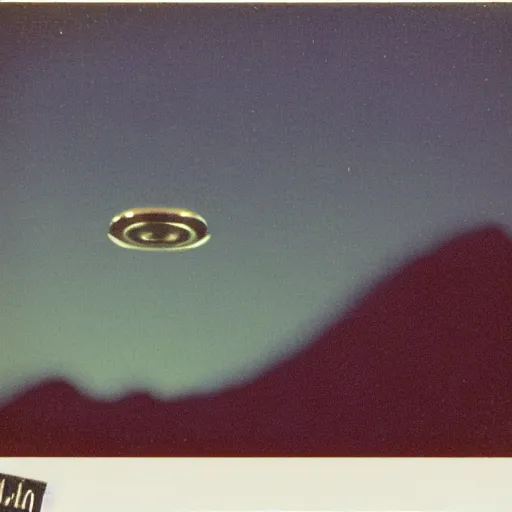 Image similar to a ufo flying over a distant mountain at night, blurry photo, historical photo, old polaroid, expired film,