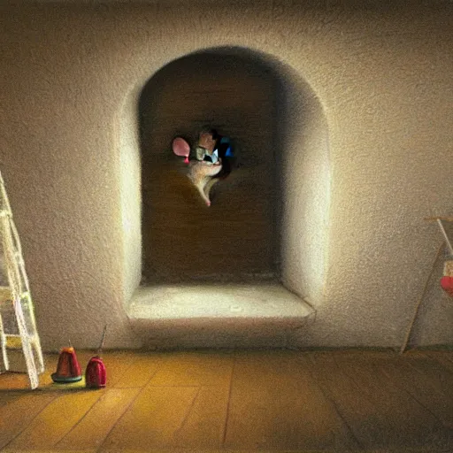 Prompt: A detailed shot of the interior of a mouse house in the wall, wide shot, hyperealism, oil painting