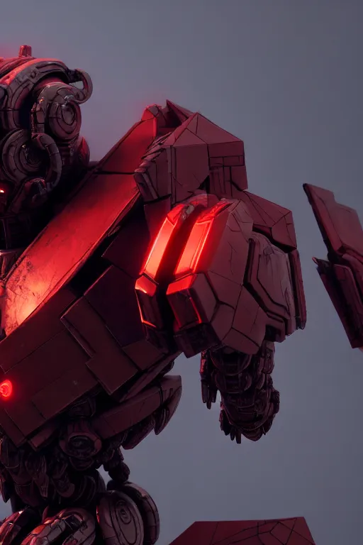 Image similar to a cinematic still from ruin city, full body red mech, armored core, intact humanoid servo, octane render, nvidia raytracing demo, masterpiece, aged armor plating, decipticon armor plating, aggressive head, endoekeleton exposure