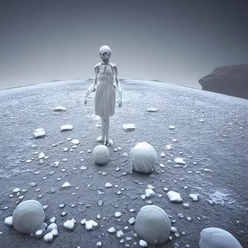 Image similar to as the world turned into a ball of ice, there was one person left who transformed herself completely into a machine, immune to the freezing temperatures no human could realistically survive. she roamed the last artifacts that haven't been completely masked by the snow; abstract, octane render, close up, 4k