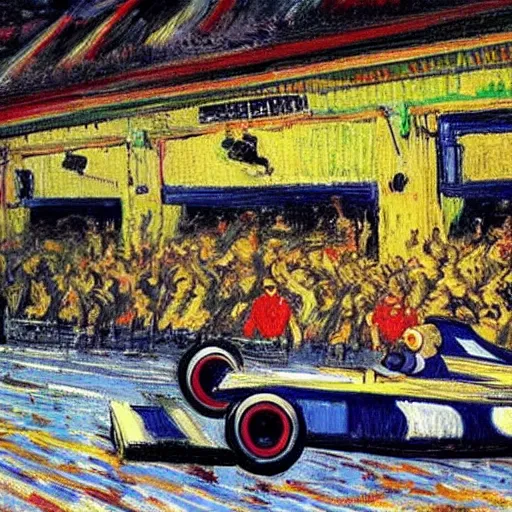 Image similar to formula 1 racing as painted by van gogh, surreal and detailed