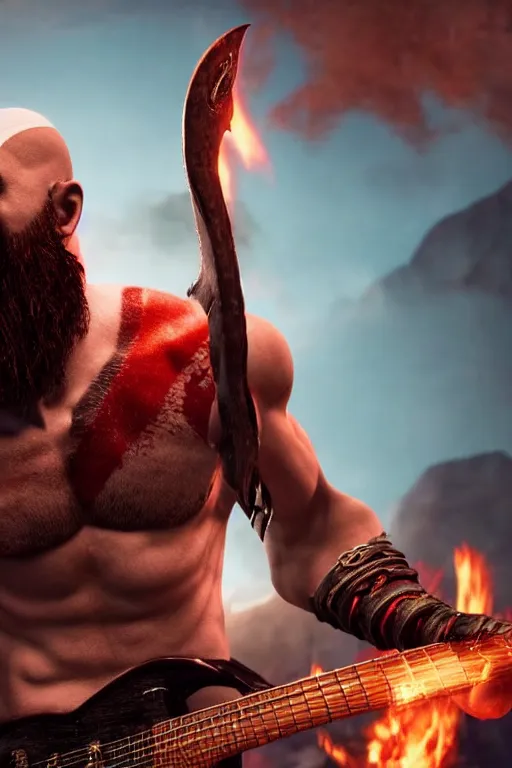 Image similar to screaming kratos rocking out on a flaming stratocaster guitar, cinematic render, god of war 2 0 1 8, playstation studios official media, lightning, flames, left eye stripe, left eye stripe, left eye stripe, left eye stripe, clear, coherent