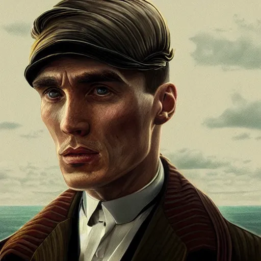 Image similar to a portrait of thomas shelby from the peaky blinders in front of atlantis, in the style of Benjamin Bader, sharp, highly detailed, realistic face, digital art, epic, fantasy, artstation