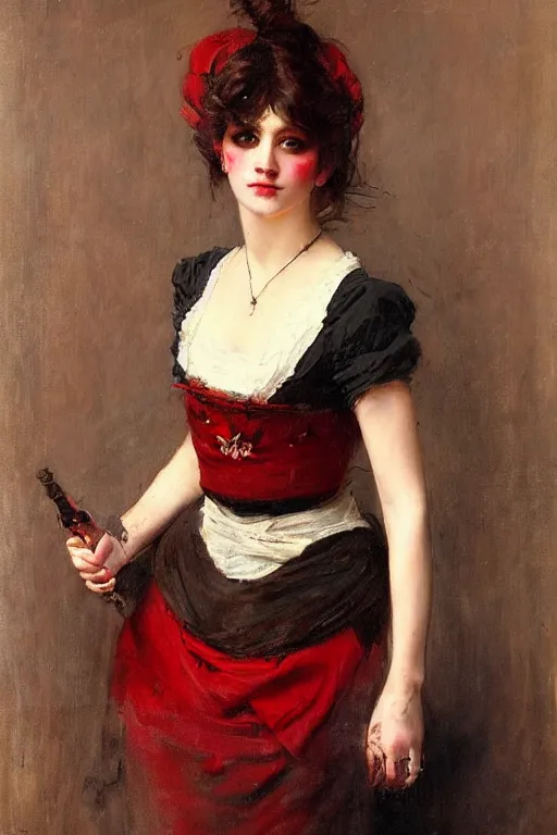 Image similar to Solomon Joseph Solomon and Richard Schmid and Jeremy Lipking victorian genre painting full length portrait painting of a young beautiful woman traditional german french barmaid in fantasy costume, red background