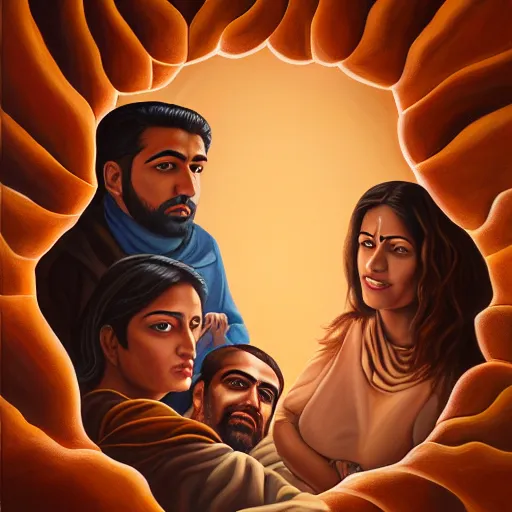 Prompt: a painting of three brown men and a brown woman emerging out of a giant open book, hyperrealistic faces, detailed digital art, aesthetic!, trending on artstation
