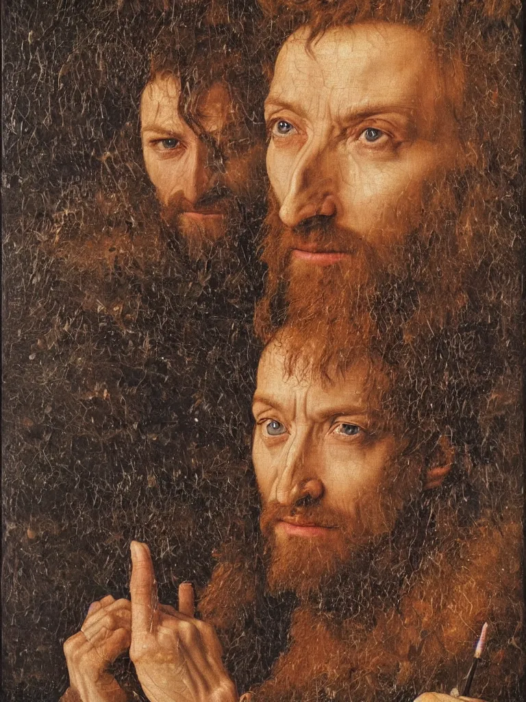 Image similar to portrait of hugh jackman, oil painting by jan van eyck, northern renaissance art, oil on canvas, wet - on - wet technique, realistic, expressive emotions, intricate textures, illusionistic detail