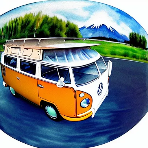 Image similar to a fisheye perspective caricature watercolor painting of a vw volkswagen bus, camper, bulli, type - 2, microbus, kombi, flying towards the camera, jumping at the viewer, dynamic action shot, fish eye lense, frontal, a dramatically erupting vulcano is seen in the background