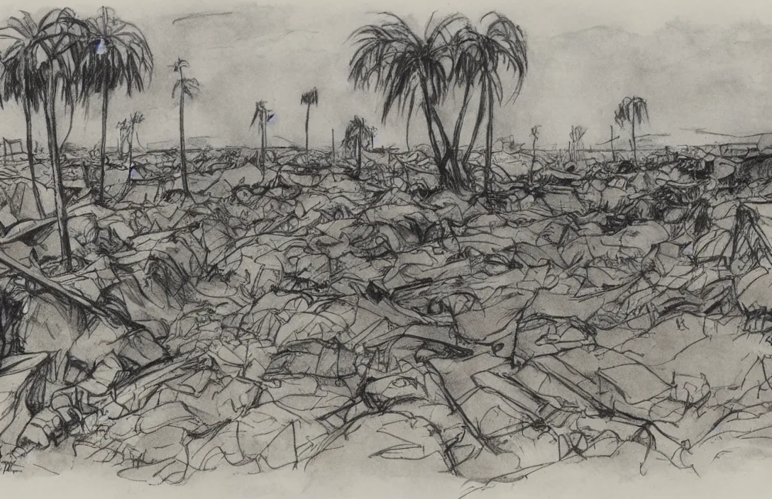 Image similar to milt kahl sketch of world war 1 trenches with the city of miami in the background