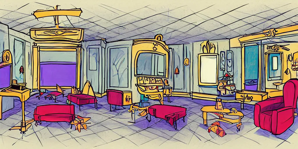 Image similar to a dimly lit, theater dressing room, with a mirror, a chair, a couch, day of the tentacle style, drawn by Peter Chan