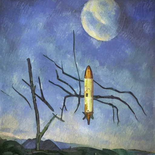 Prompt: abandoned rocketship, many thick dark knotted branches, detailed, ethereal, round clouds, dramatic lighting, rough unfinished foggy aged artwork by Paul Cézanne