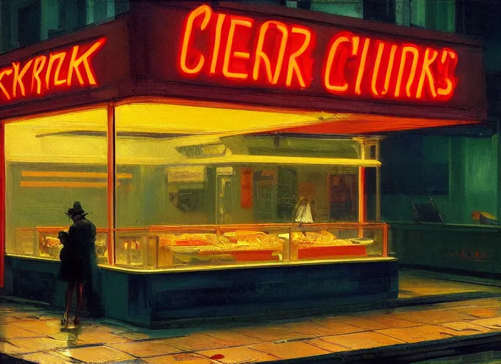 Prompt: the only open cyberpunk blade runner fast food stand in the cyberpunk city during a melancholy rainy night by edward hopper