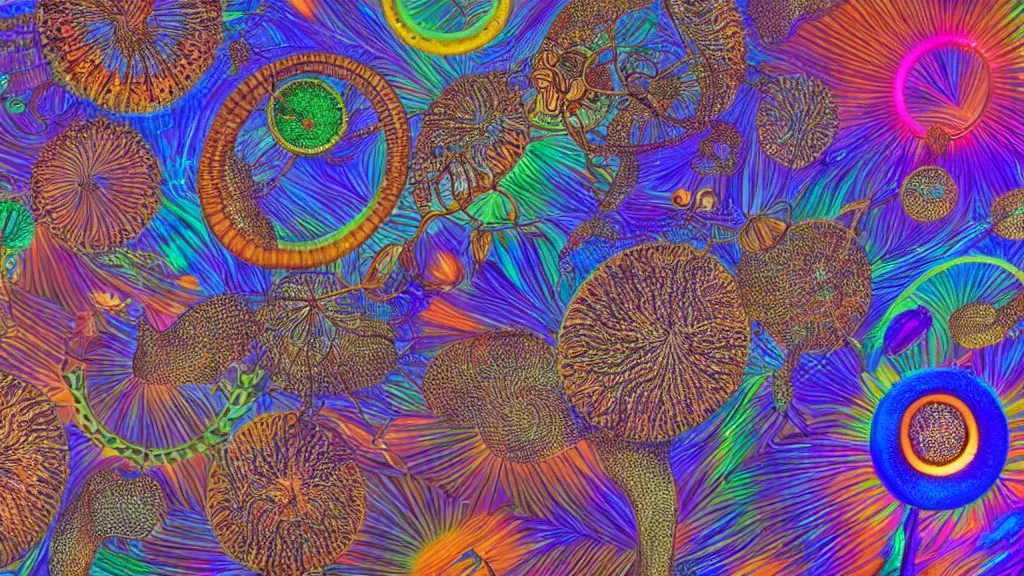 Image similar to quantum connections represented as symbiotic organisms like cells playing around with colorful lights by ernst haeckel, solid