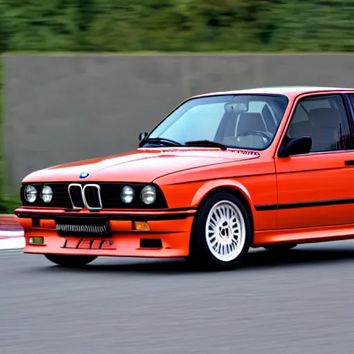 Image similar to a rolling shot of a modified bmw e 3 0 with lights on, on a street race track, motion blur, 1 5 0 mm lens