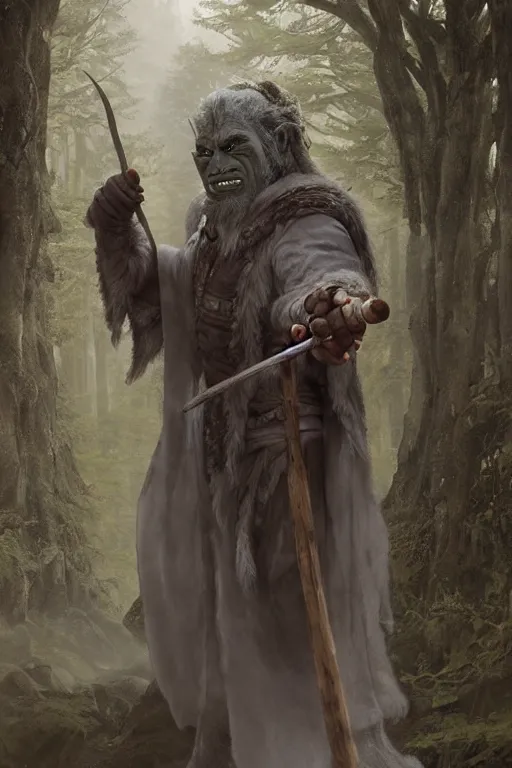 Image similar to a male orc druid, wearing a grey fur robe, holding a wooden staff in his right hand, Matte painting , detailed painting, greg rutkowski