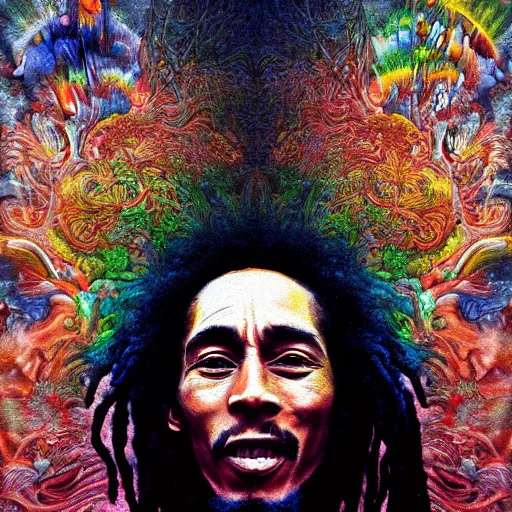 Image similar to colour masterpiece surreal closeup portrait photography bob marley by miho hirano and annie leibovitz and michael cheval, psychedelic smoke background by kilian eng and roger dean and salvador dali and beksinski, 8 k