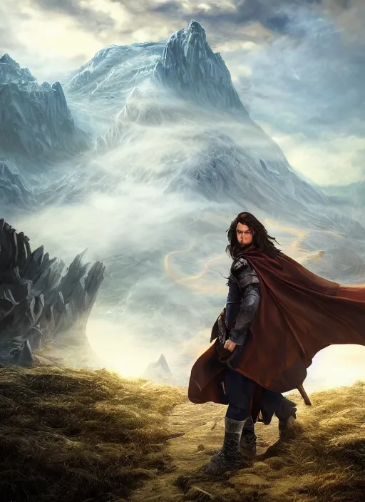 Prompt: An epic fantasy comic book style portrait painting of a young man with a long brown hair wearing a cloak that waves in the wind as he holds onto a stave in front of an epic fantasy landscape, unreal 5, DAZ, hyperrealistic, octane render, cosplay, RPG portrait, dynamic lighting