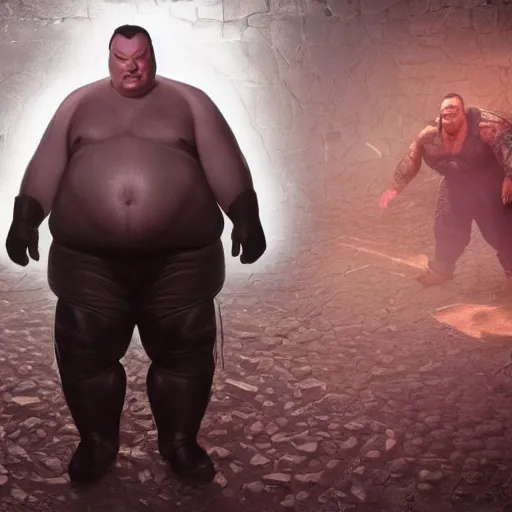 Prompt: hyper realistic, extremely obese steven seagal from mortal kombat, unreal engine, greg rutkowski, beeple global illumination, translucent, sub - surface scattering,