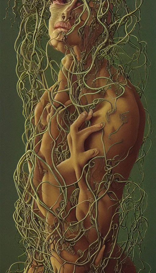 Image similar to very detailed portrait of a 2 0 years old girl surrounded by tentacles, the youg woman visage is blooming from fractal and vines, by zdzisław beksinski