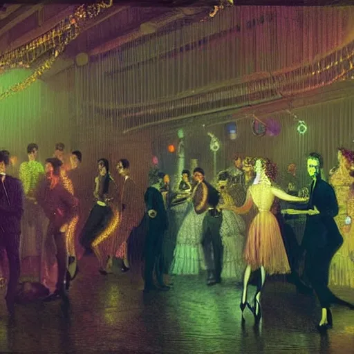 Prompt: young people in a fancy nightclub dancing and drinking, partylights, great colors, in the style of john atkinson grimshaw, trending on artstation