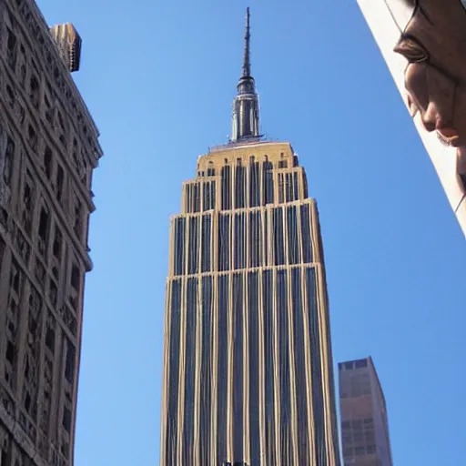 Prompt: very large man climbing up empire state building