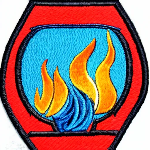 Prompt: fire station flame embroidered patch retro design