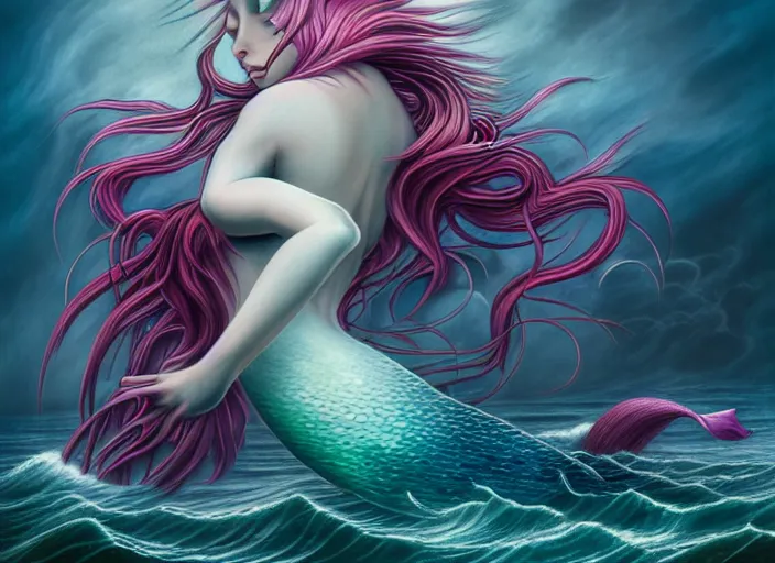 Image similar to realistic detailed image of a mermaid with rainbow hair swimming in an angry, stormy sea, anime art, anime, inspired by Mark Ryden and Zdzislaw Beksinski and Zdzislaw Beksinski, gothic, rich deep colors. A masterpiece.