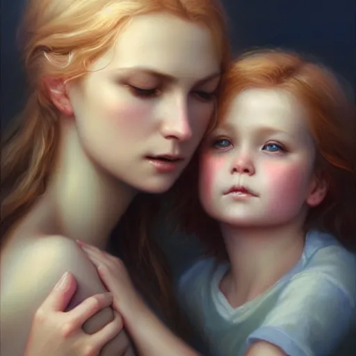 Image similar to love is patient love is kind, mother and child ; photorealistic oil painting by charlie bowater and mark blooms ; highly detailed cute faces by wlop ; trending on artstation