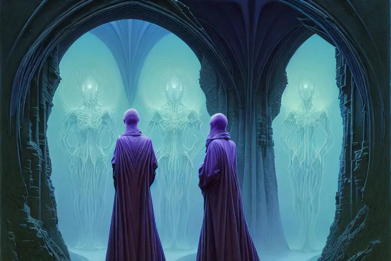 Image similar to the female arcanist and the male artificer by zacharias aagaard and gerald brom and zdzisław beksinski and james gilleard and wayne barlowe and marc simonetti and jean delville, beautiful, robes, highly detailed, hyperrealistic, intricate, energy, electricity, blue flame, low light, green crystal, high contrast