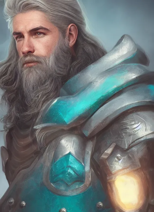 Image similar to an epic fantastic realism style portrait painting of an aasimar paladin, male, silver hair, short brown beard, d & d concept art, unreal 5, daz, teal aesthetic, octane render, centered in frame, cosplay, rpg portrait, dynamic lighting