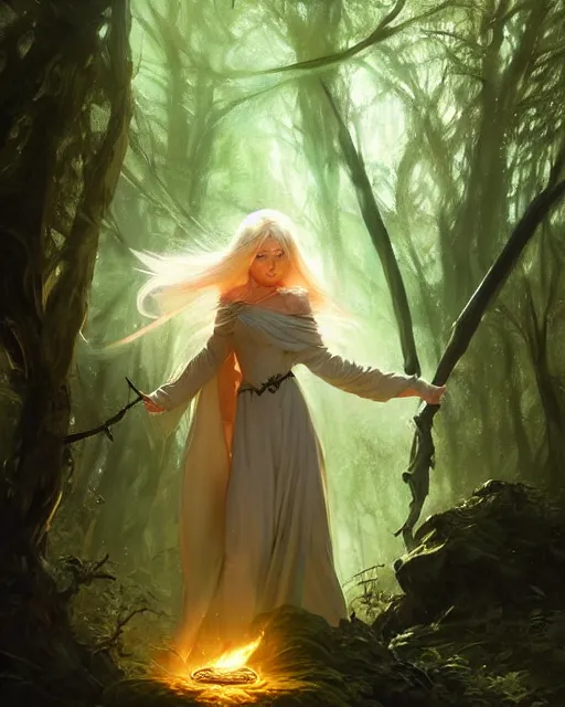 Prompt: blonde young sorceress with a heavy cloak casting a spell in the forest, fantasy character portrait, ultra realistic, concept art, intricate details, highly detailed by ilya kuvshinov, greg rutkowski, gaston bussiere, craig mullins, simon bisley