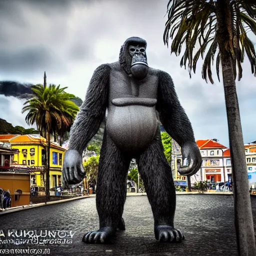 Image similar to king kong walking in funchal's city bay near the streets and sea, trampled, cinematic shot, realistic, hdr, color, wide shot, gigantic