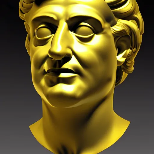 Image similar to a realistic render of a distorted golden Roman bust, high contrast lighting, 4k, concept art