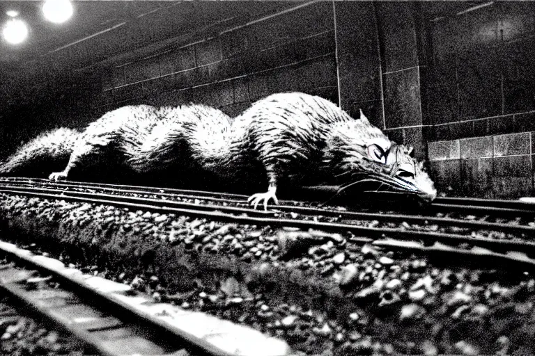 Image similar to very large giant mutant zombie irradiated ( angry rat ) staying on railways in tonnel of moscow subway. tonnel, railways, giant angry rat, furr, fangs, claws, very realistic. extreme long shot, 1 6 mm, herman nitsch, giger.