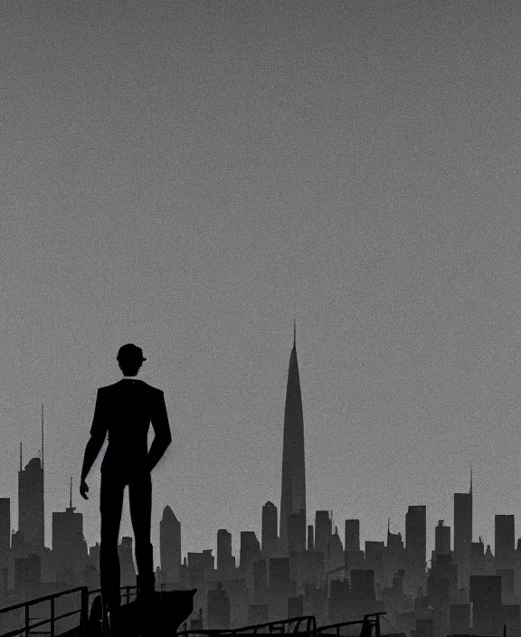 Prompt: human standing on top of the building, watching the city skyline calmly glowing on the background, inspired by isaac levitan, noir comics esthetics, sharp focus, less detailed, 8 k, high resolution