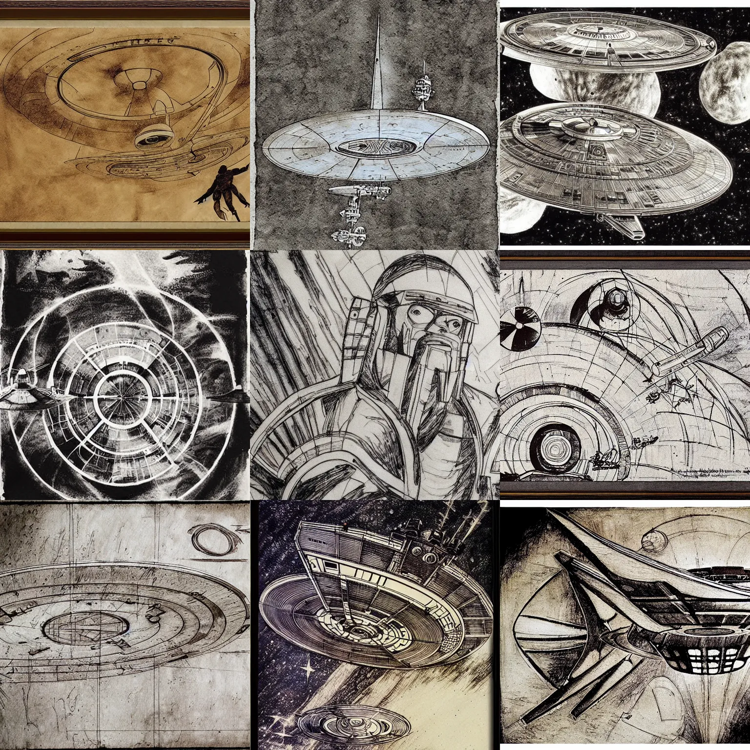 Prompt: schematics of star trek enterprise NCC E series by Leonardo Da Vinci, ink painting, high quality
