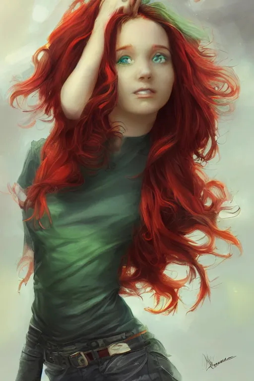 Image similar to beautiful cute red haired joyful and playful 1 9 year old maiden standing up in casual green clothing, long hair, modern city, rpg character, sci - fi, fantasy, intricate, elegant, digital painting, artstation, concept art, smooth, 8 k frostbite 3 engine, ultra detailed, art by artgerm and greg rutkowski and magali villeneuve