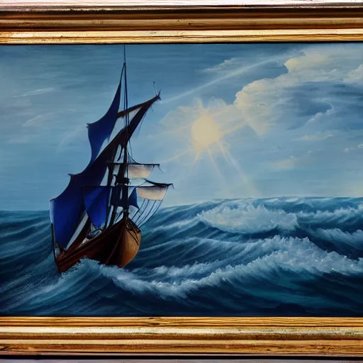 Image similar to stark oil painting, sailing ship at the edge of the world, man vs. nature, deep blue water, whitecap waves, point of no return, desperation, vivid, highly detailed, master renaissance painter, 4k scan