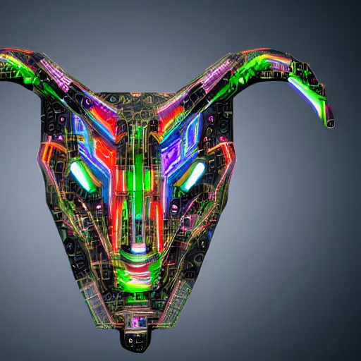 Image similar to cybernetic evil goat head merged with complex circuitry and machinery, multicolored