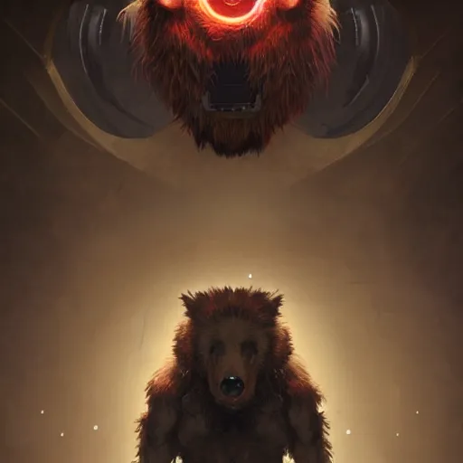 Image similar to realistic portrait of a grox from spore, red furry cyborg creature with one robotic eye, head of a bear, pointy ears, dramatic lighting, illustration by greg rutkowski, yoji shinkawa, 4 k, digital art, concept art, trending on artstation