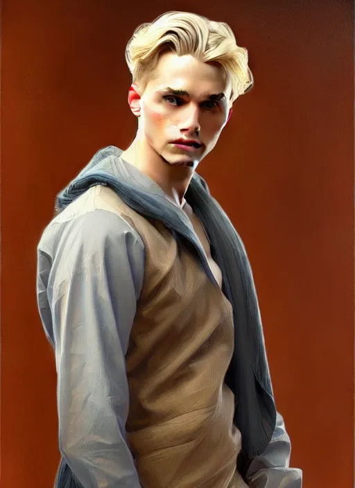 Image similar to young man with ash blond hair, oil painting, intricate, elegant, highly detailed, lighting, painting, artstation, smooth, illustration, art by greg rutowski and alphonse mucha