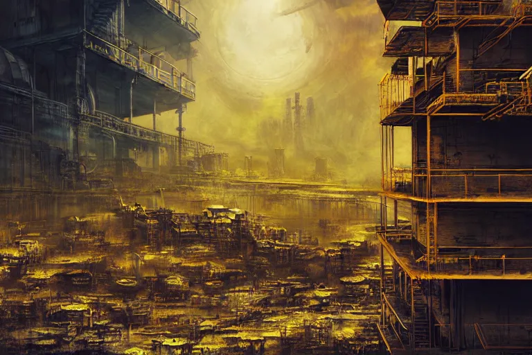 Prompt: simplicity, spaceship river favela honeybee hive, urban environment, industrial factory, apocalyptic, golden, award winning art, epic dreamlike fantasy landscape, ultra realistic,