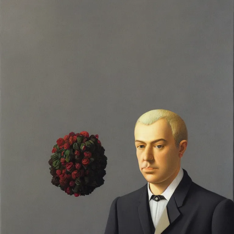 Prompt: portrait of a man, beautiful flowers replaced his head, by rene magritte, detailed painting, hd, hq, high resolution, high detail, 4 k, 8 k