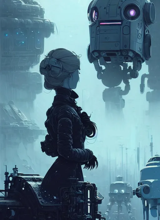Prompt: highly detailed portrait of a moody frostpunk long blonde hair lady with mecha droid robot companion, stray wiring by atey ghailan, james gilleard, by joe fenton, by greg rutkowski, by greg tocchini, by kaethe butcher, 4 k resolution, gradient blue, black and white color scheme!!! ( ( glaciated dystopian city background ) )