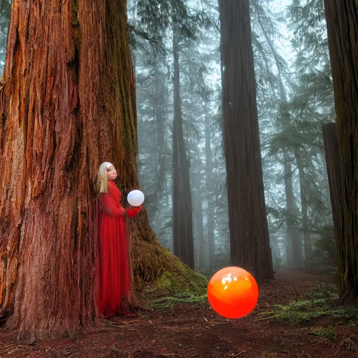 Prompt: a color photograph, closeup portrait of a woman wrapped in plastic, standing next to an agate orb, in a foggy redwood forest, color photograph, by vincent desiderio, canon eos c 3 0 0, ƒ 1. 8, 3 5 mm, 8 k, medium - format print