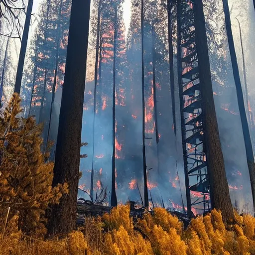 Prompt: a beatiful photo of a building engulfed in a forest fire