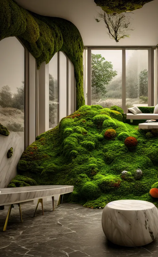 Image similar to highly detailed villa natural beautiful light interior soft cinematic composition of a smooth ceramic porcelain biomorphic magnolia stone nebula fluid sci - fi surreal colorful architecture landscape, furniture, granite, trees, marble, moss, lichen, fungi, vincent callebaut composition, mamou - mani, archviz, 8 k, unreal engine, hdr