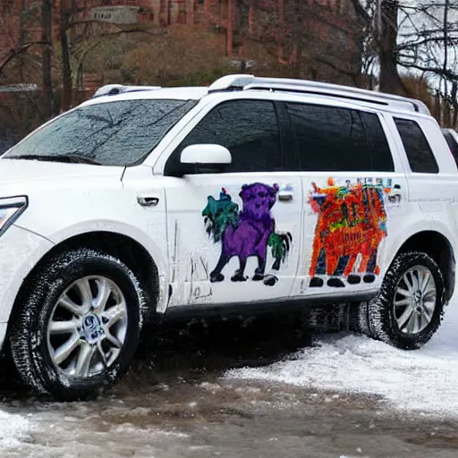Prompt: a graffiti showing a polar bear driving an suv on ice - n 8