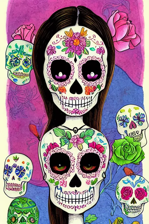 Image similar to Illustration of a sugar skull day of the dead girl, art by david wiesner