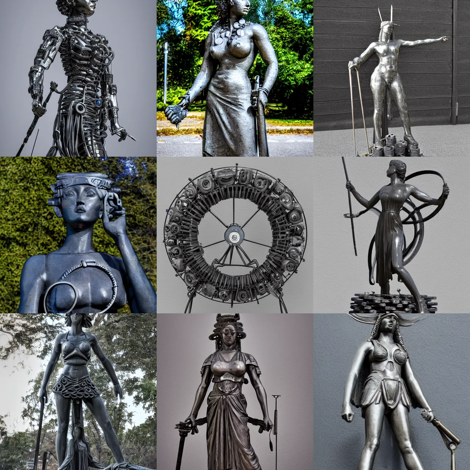 Prompt: statue of artemis made from car wheels, detailed but rough, 4 k photo, excellent light and shadows, sony 1 7 5 mm