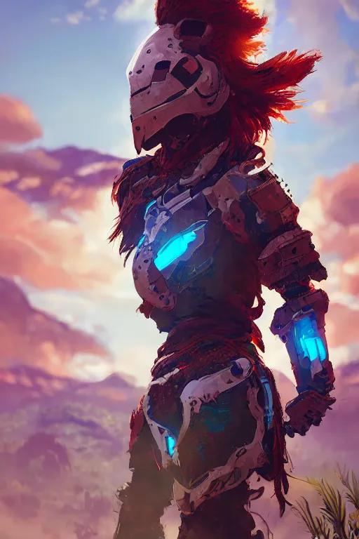 Image similar to combination suit armor aloy horizon forbidden west horizon zero dawn radiating a glowing aura global illumination ray tracing hdr fanart arstation by ian pesty and alena aenami artworks in 4 k tribal robot ninja mask helmet backpack